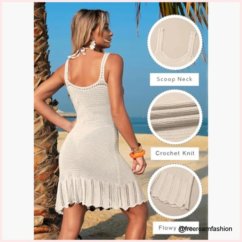 Crochet Beach Cover Up Dress Flowy Tunic Swimsuit Coverup Women's Large